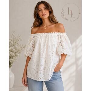Badgley Mischka Collection Ivory Floral Lace Off Shoulder Dress Size M NWT